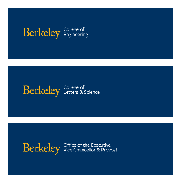 This image shows three examples of  the formal style of UC Berkeley logo lockups