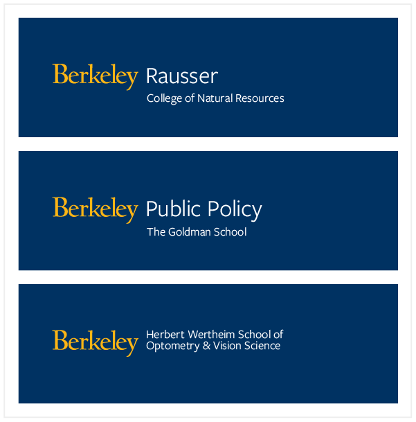 This image shows the three options for creating UC Berkeley logo lockup style for named schools