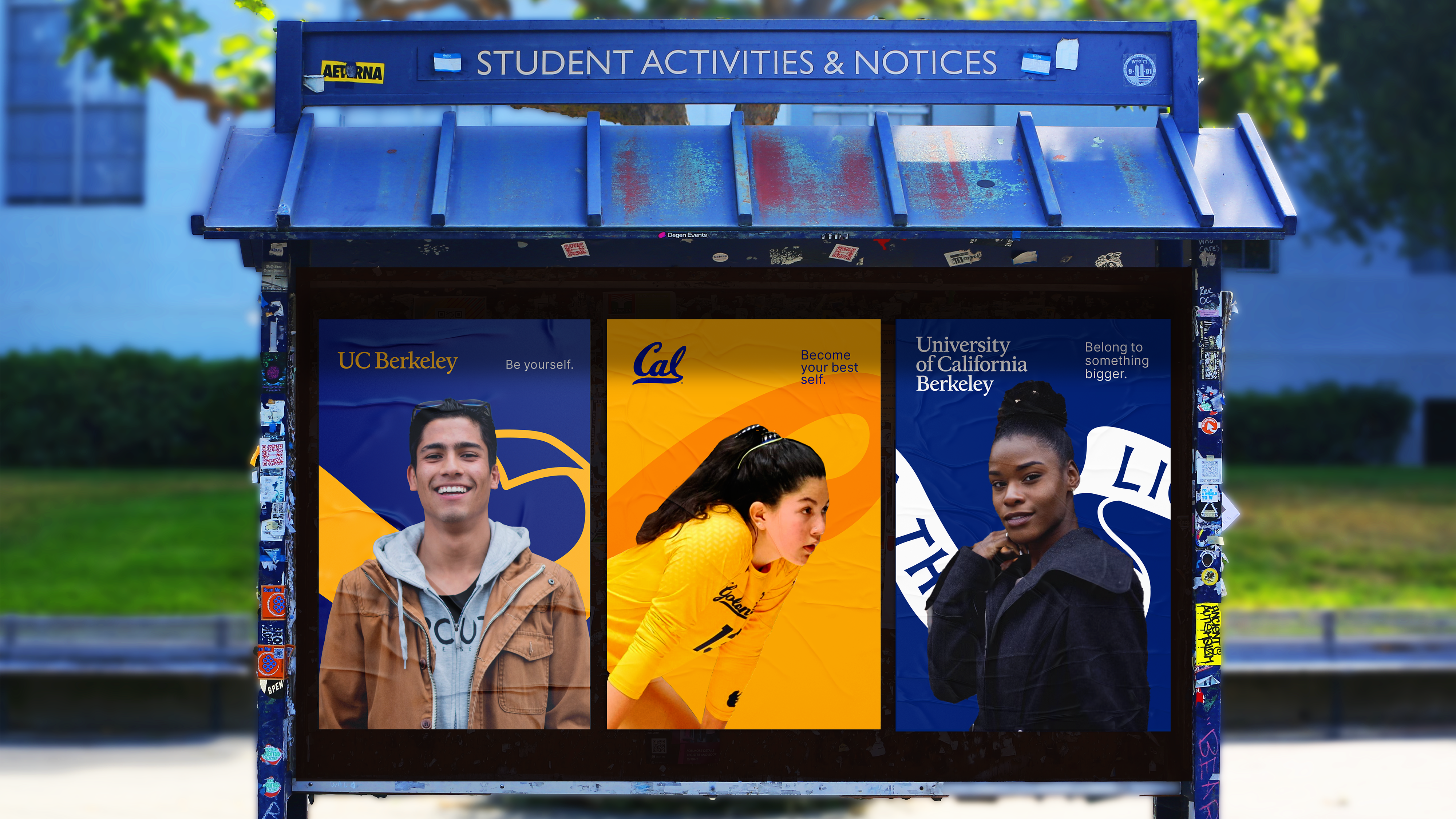 Example of 3 large posters of students with various logos/taglines on each poster.