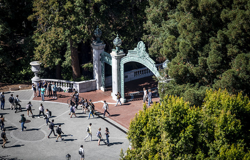 Sather Gate from above with students walking to their destinations